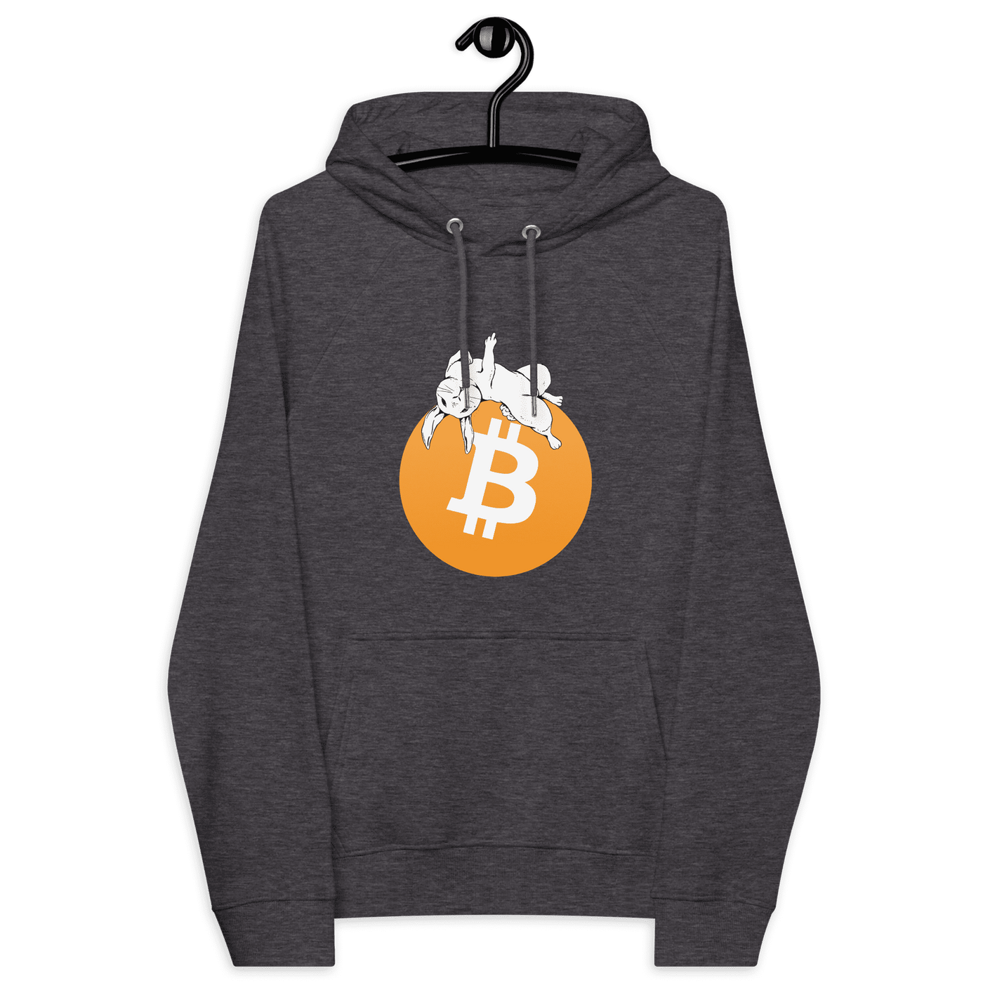 Dark gray bitcoin hoodie with white rabbit design on orange bitcoin symbol, eco-friendly certified raglan style.
