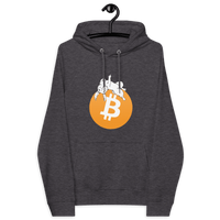 Dark gray bitcoin hoodie with white rabbit design on orange bitcoin symbol, eco-friendly certified raglan style.