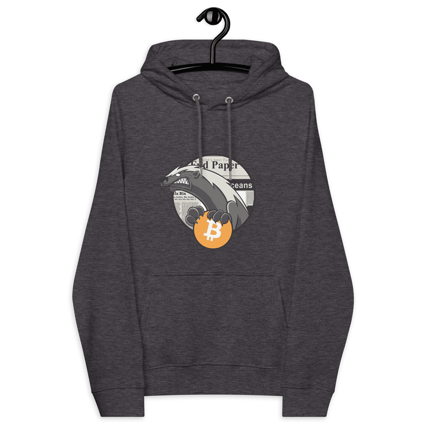 Front view of a charcoal melange colored bitcoin hoodie.