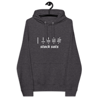 Front view of a charcoal melange colored bitcoin hoodie.