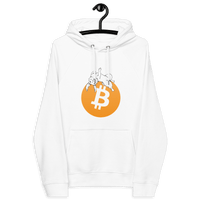 White eco raglan bitcoin hoodie with a white rabbit on an orange Bitcoin logo front design