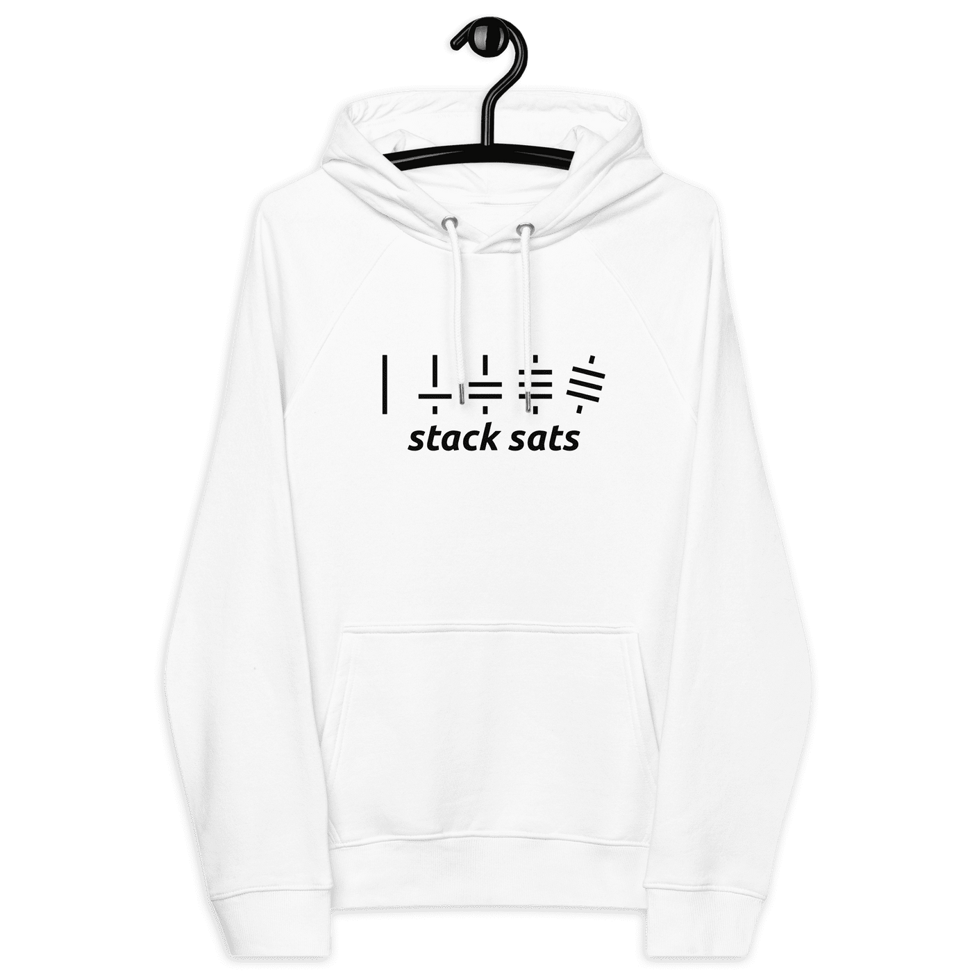 White eco-friendly raglan hoodie with black "stack sats" bitcoin design on front