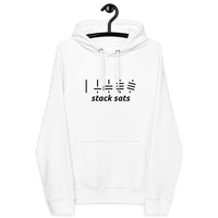 White eco-friendly raglan hoodie with black "stack sats" bitcoin design on front