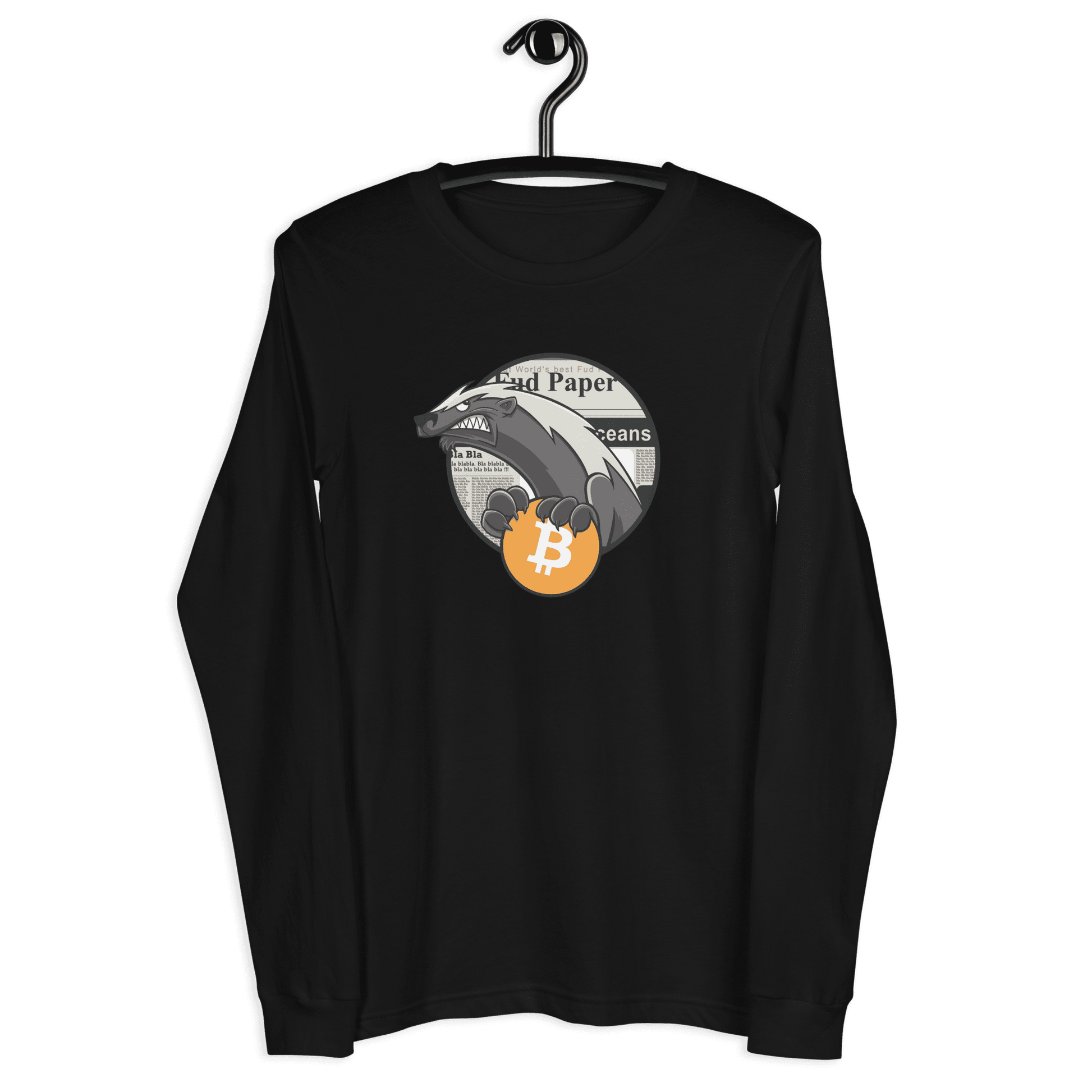 Front view of a black bitcoin long sleeve tee.