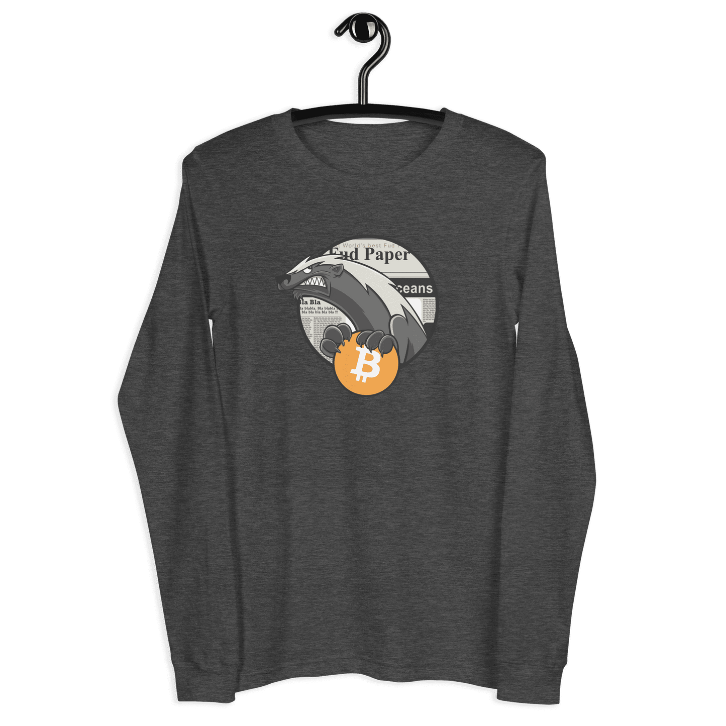 Front view of a dark grey heather bitcoin long sleeve tee.