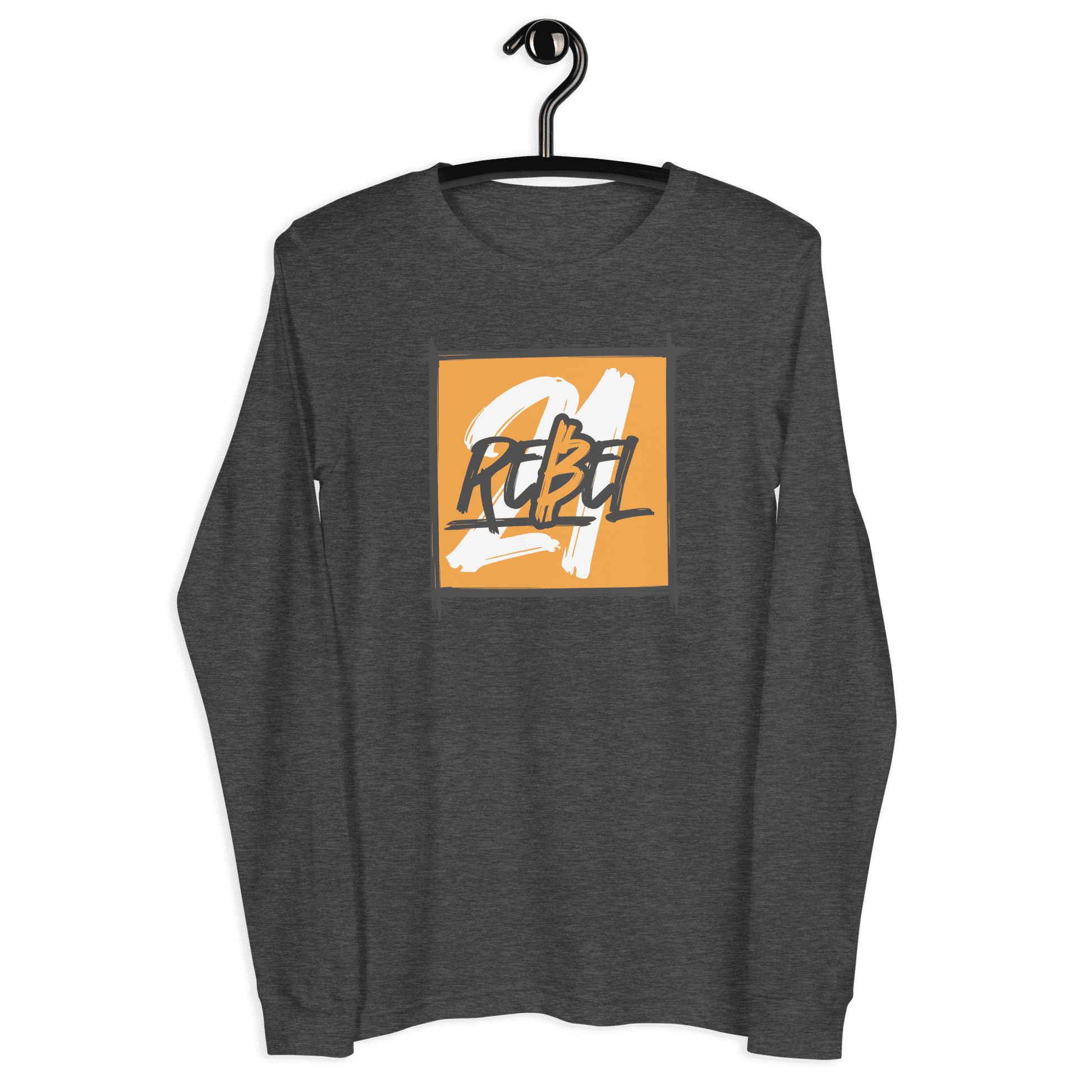 Front view of a dark grey heather bitcoin long sleeve tee.