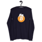 Front view of a navy colored bitcoin long sleeve tee.