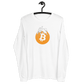 Front view of a white bitcoin long sleeve tee.