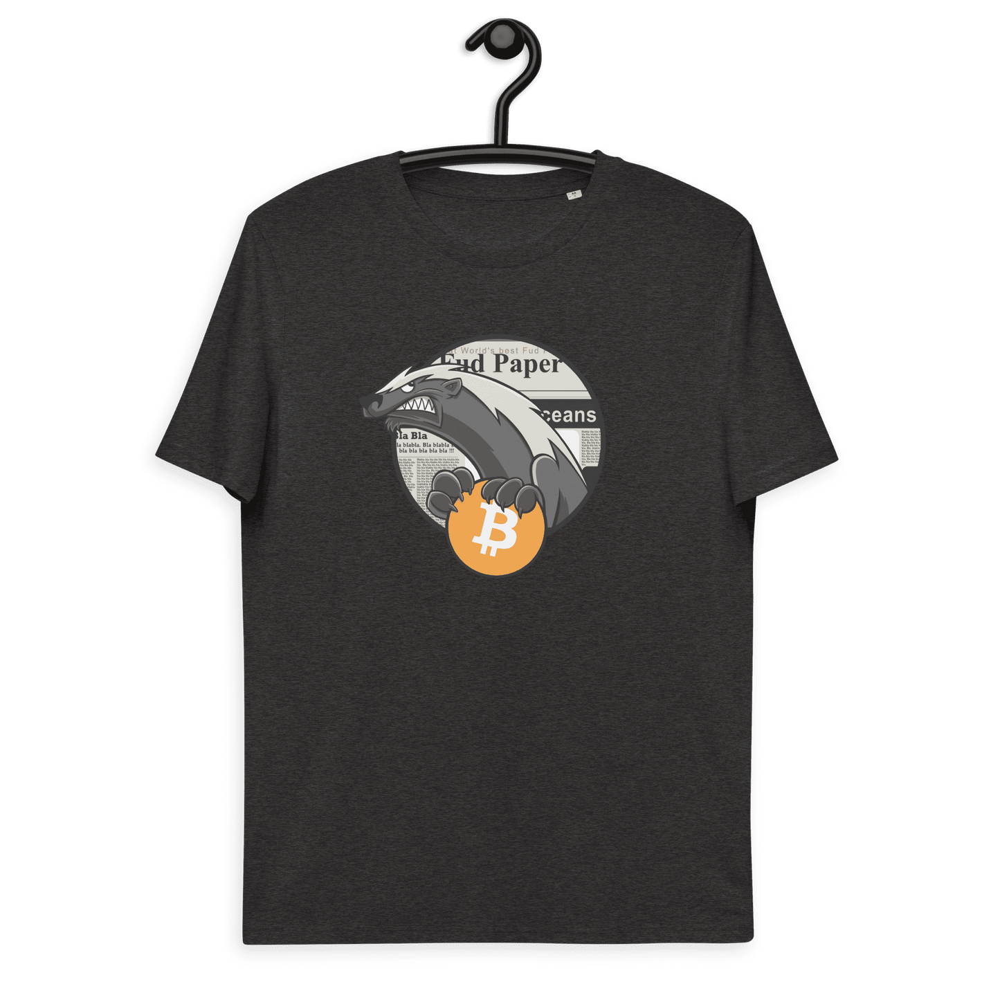 Front view of a dark heather grey bitcoin t-shirt.