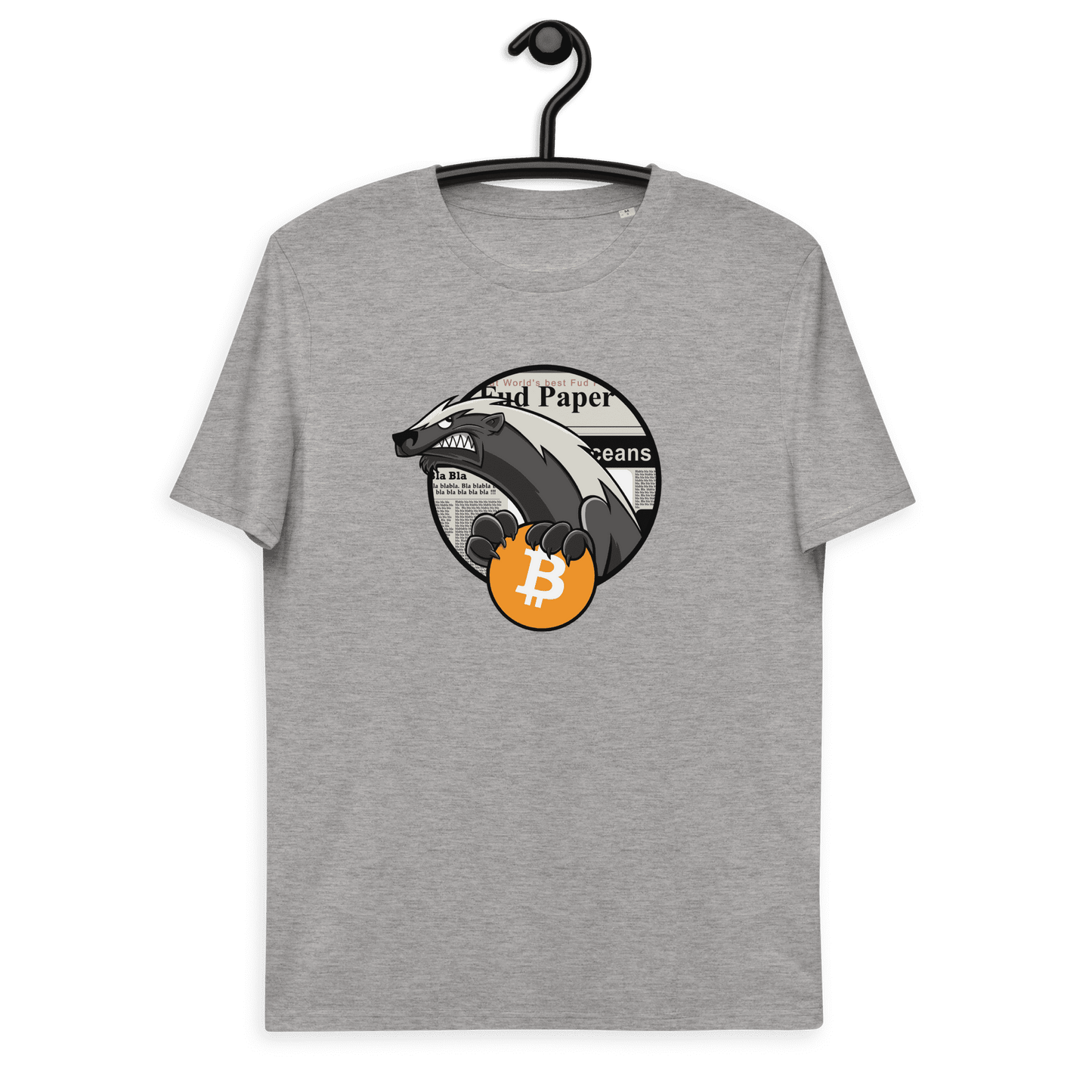 Front view of a heather grey bitcoin t-shirt.