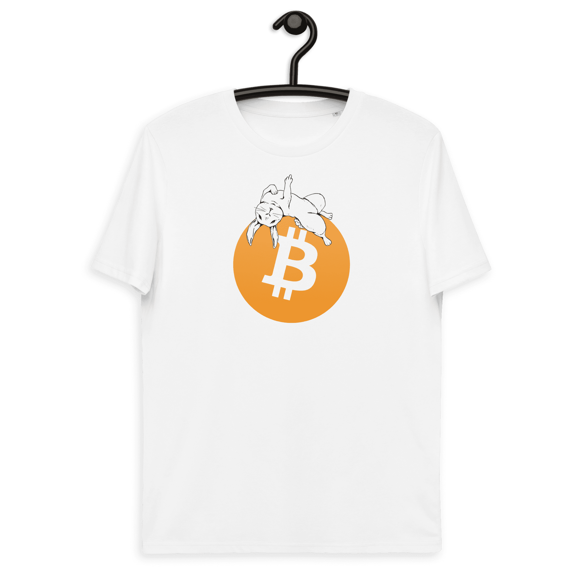 Front view of a white bitcoin t-shirt.