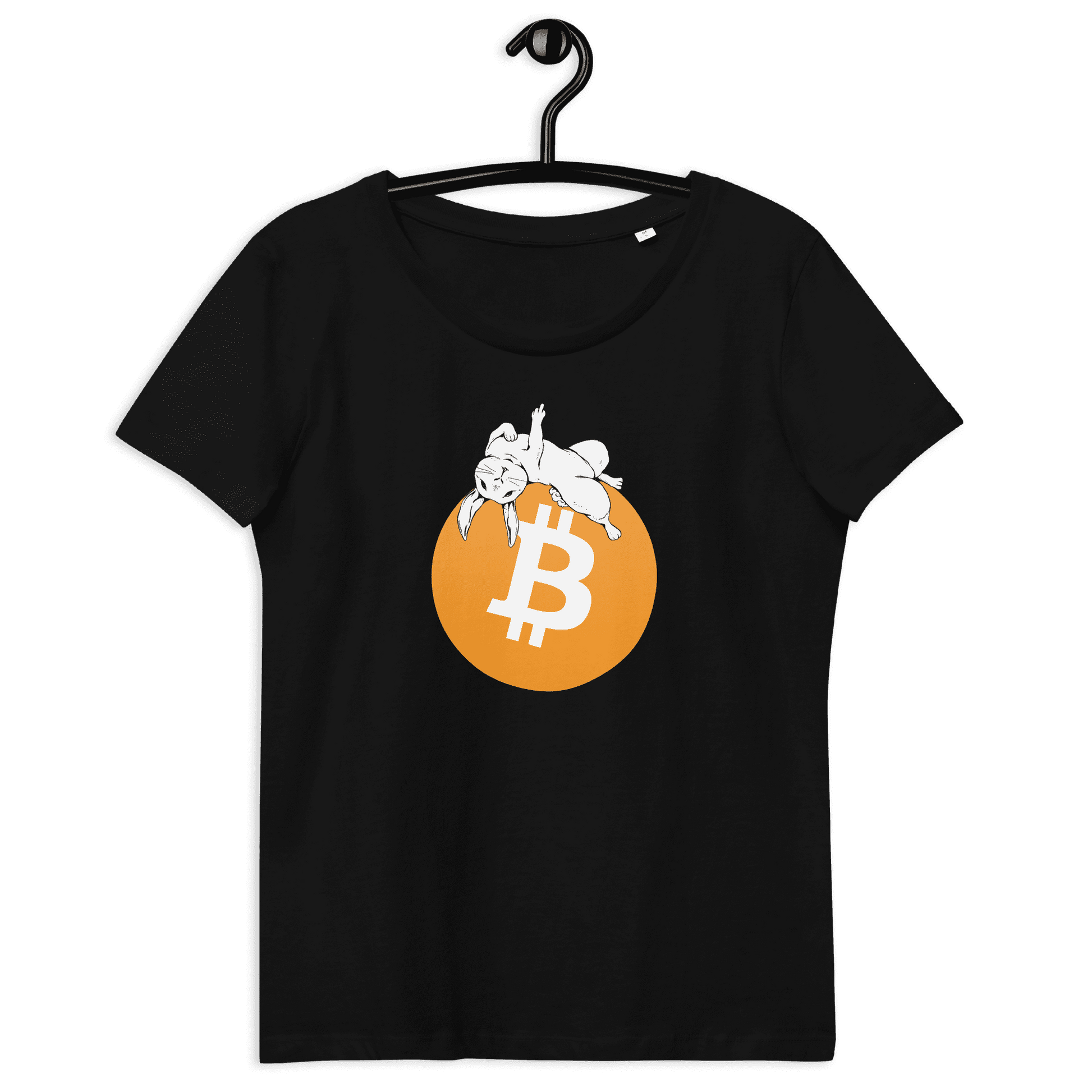 Front view of a black bitcoin shirt for women.