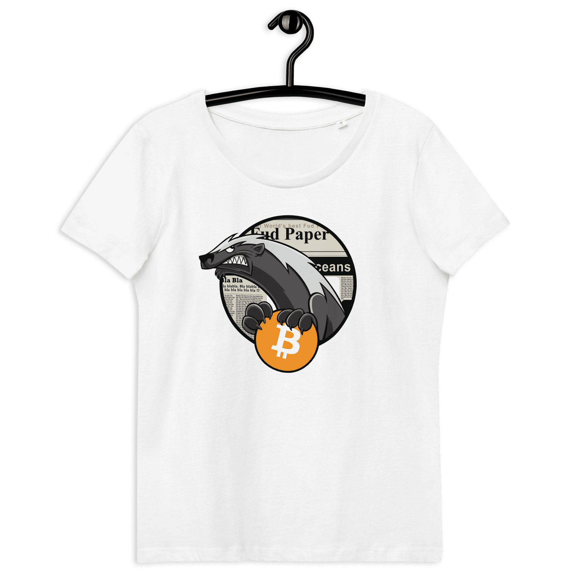 Front view of a white bitcoin shirt for women.